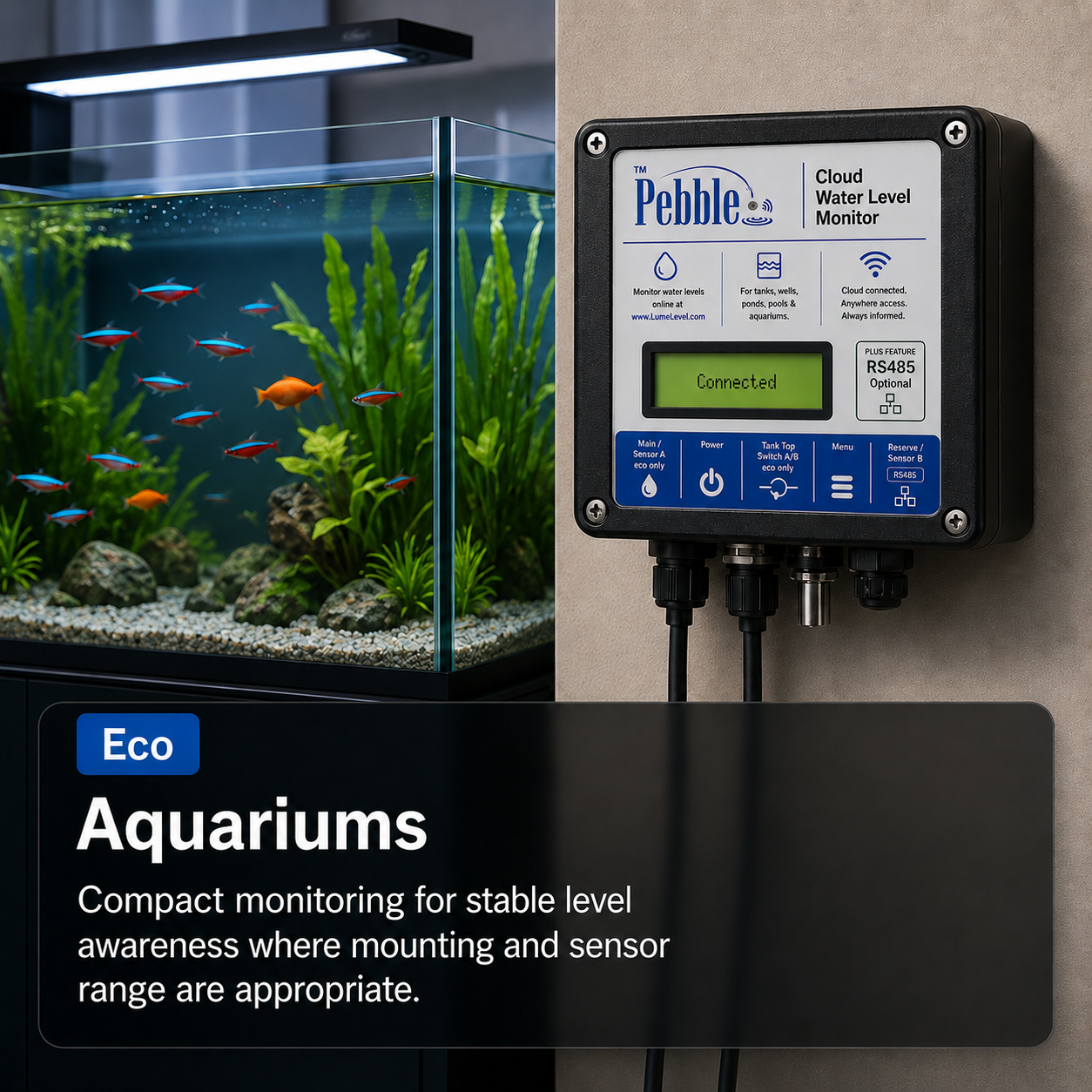 Pebble Eco aquarium monitoring application beside a glass fish tank