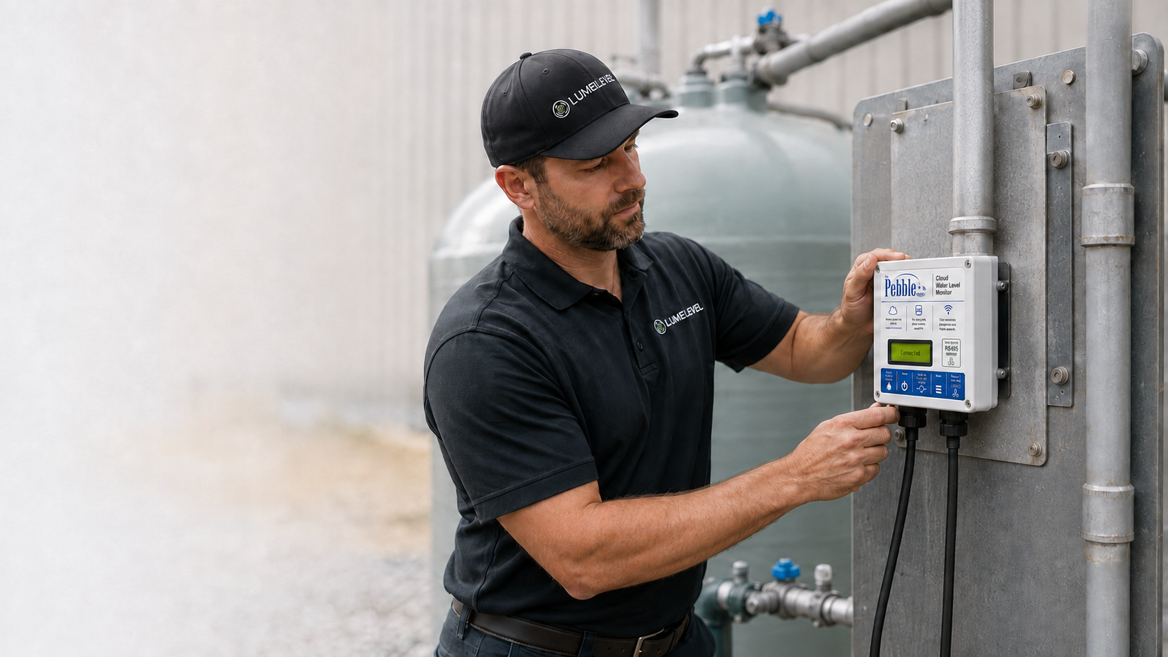 LumeLevel Certified Installer working beside a Pebble water level monitor
